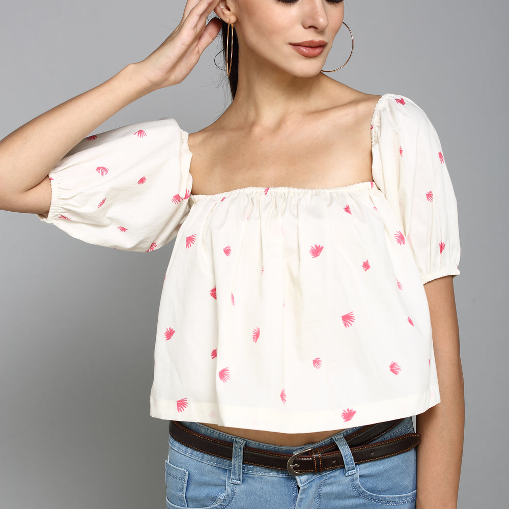 
                      
                        White with pink floral print Square Neckline with elastic gathering Half Sleeves Casual Crop Top
                      
                    