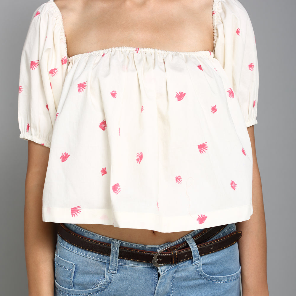 
                      
                        White with pink floral print Square Neckline with elastic gathering Half Sleeves Casual Crop Top
                      
                    