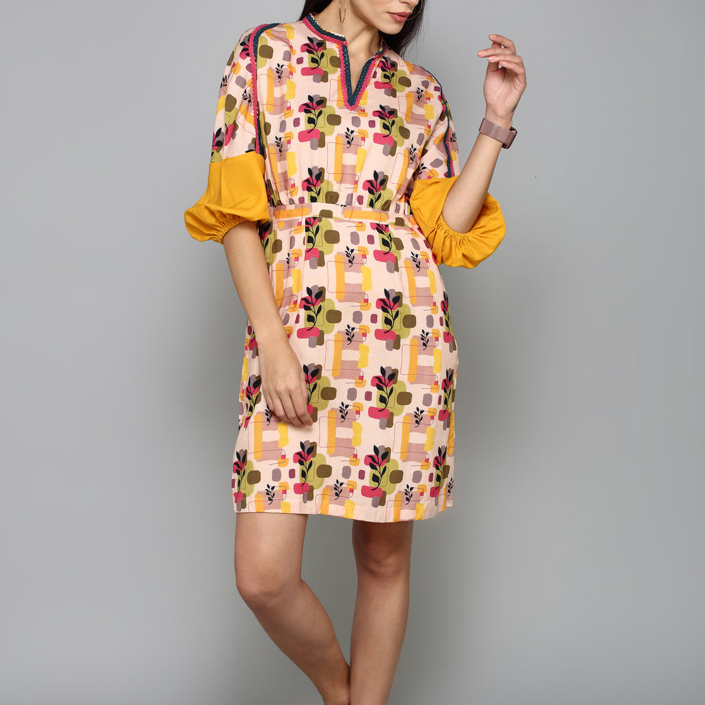 Beige & Yellow Floral A-Line Dress