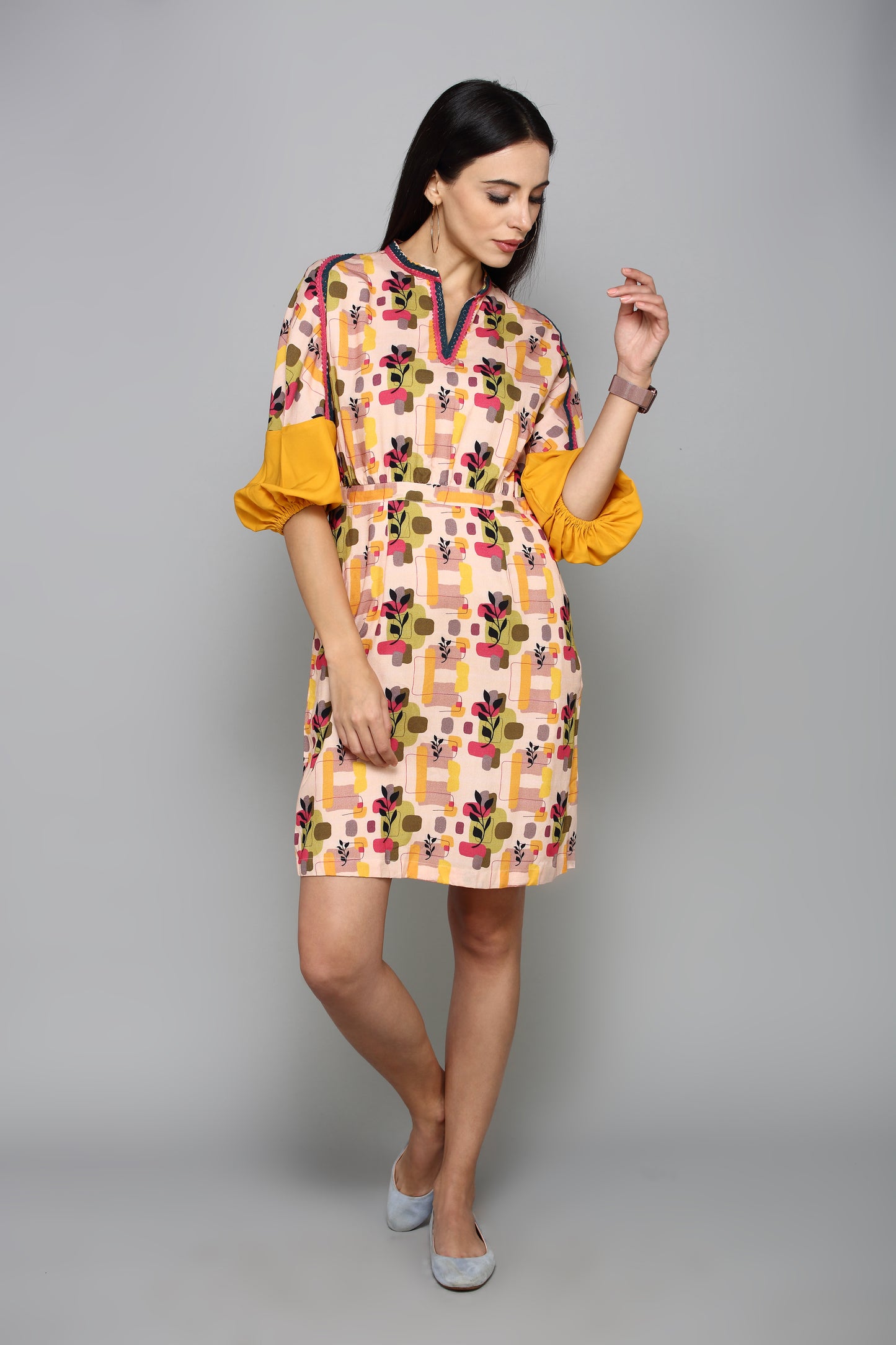 Beige & Yellow Floral A-Line Dress