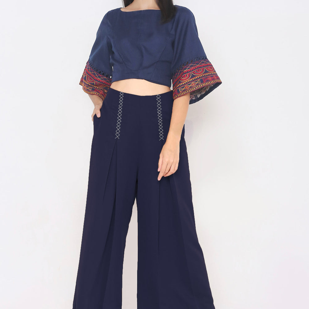 Aturabi Women Blue Relaxed High-Rise Pleated Trousers