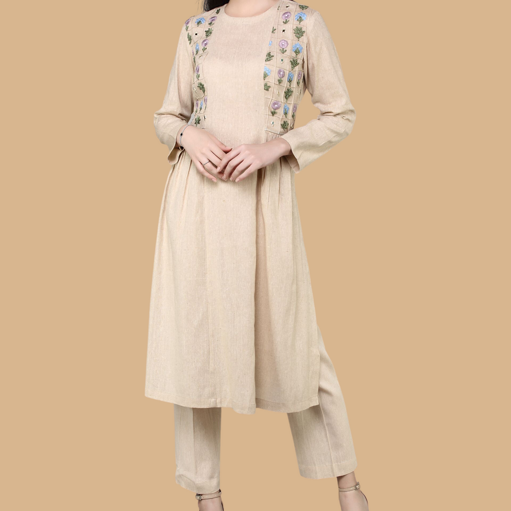 
                      
                        Panneled Kurta With Embroidered Side Yoke With Straight Fit Pants
                      
                    