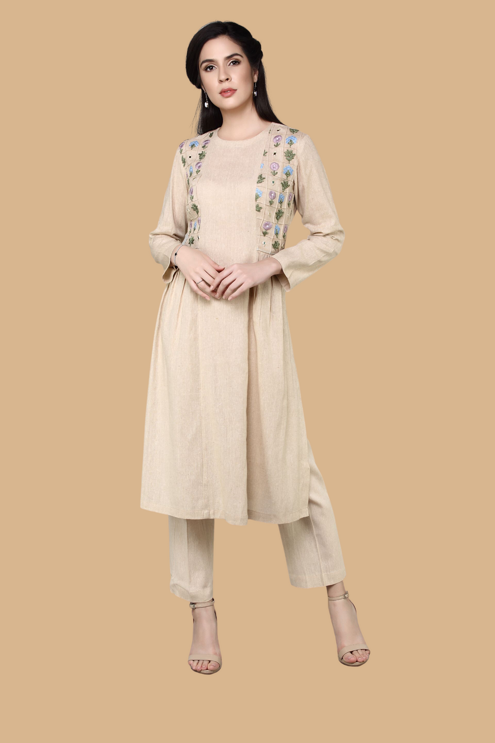 Panneled Kurta With Embroidered Side Yoke With Straight Fit Pants