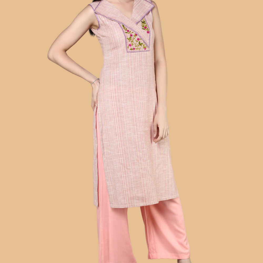 
                      
                        Semi- Knotch Collared Embroidered Yoke  Sleveless Kurta With Palazzos
                      
                    