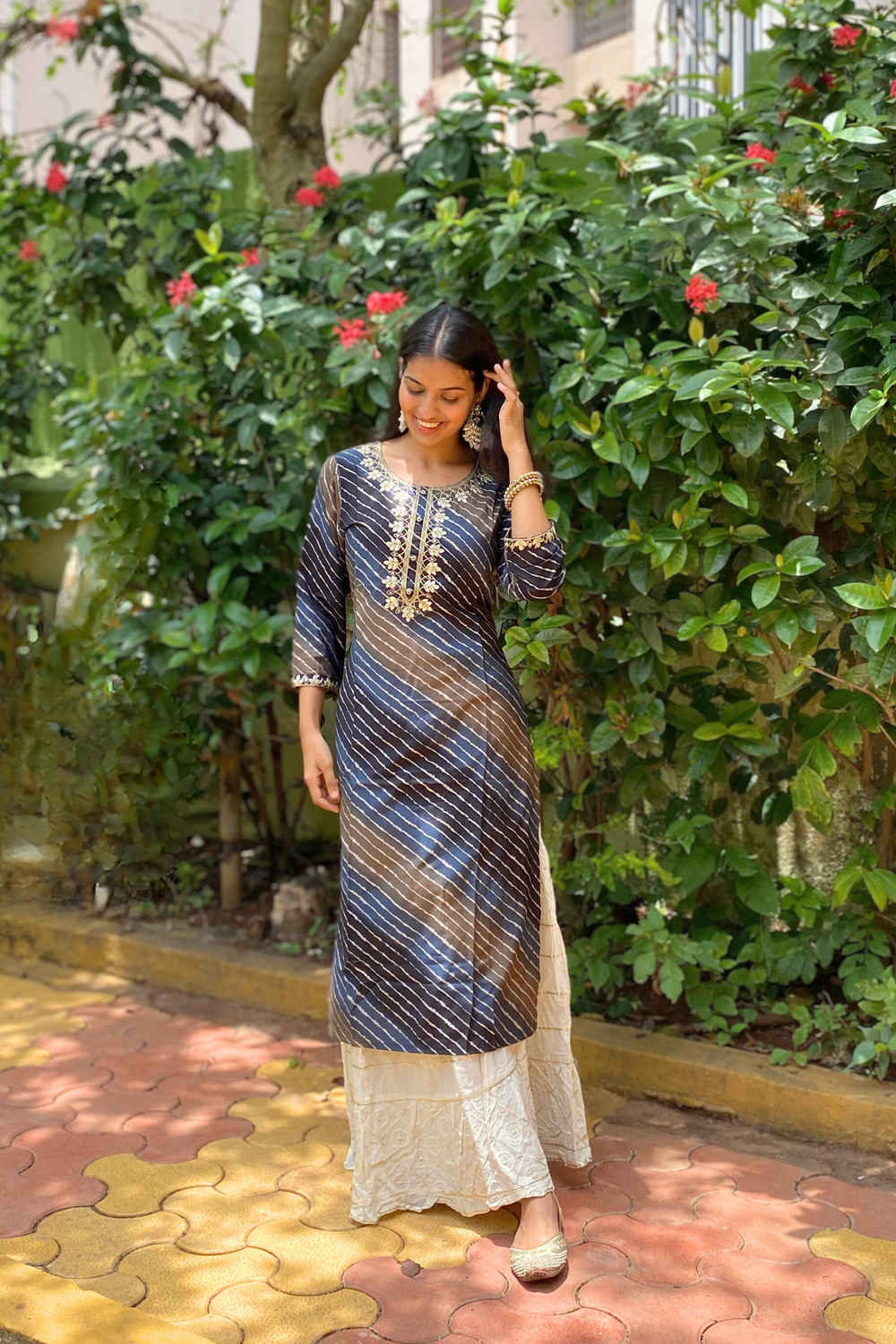 Shades Of Navy Blue and Brown Leheriya Kurta with Gota Pati Work