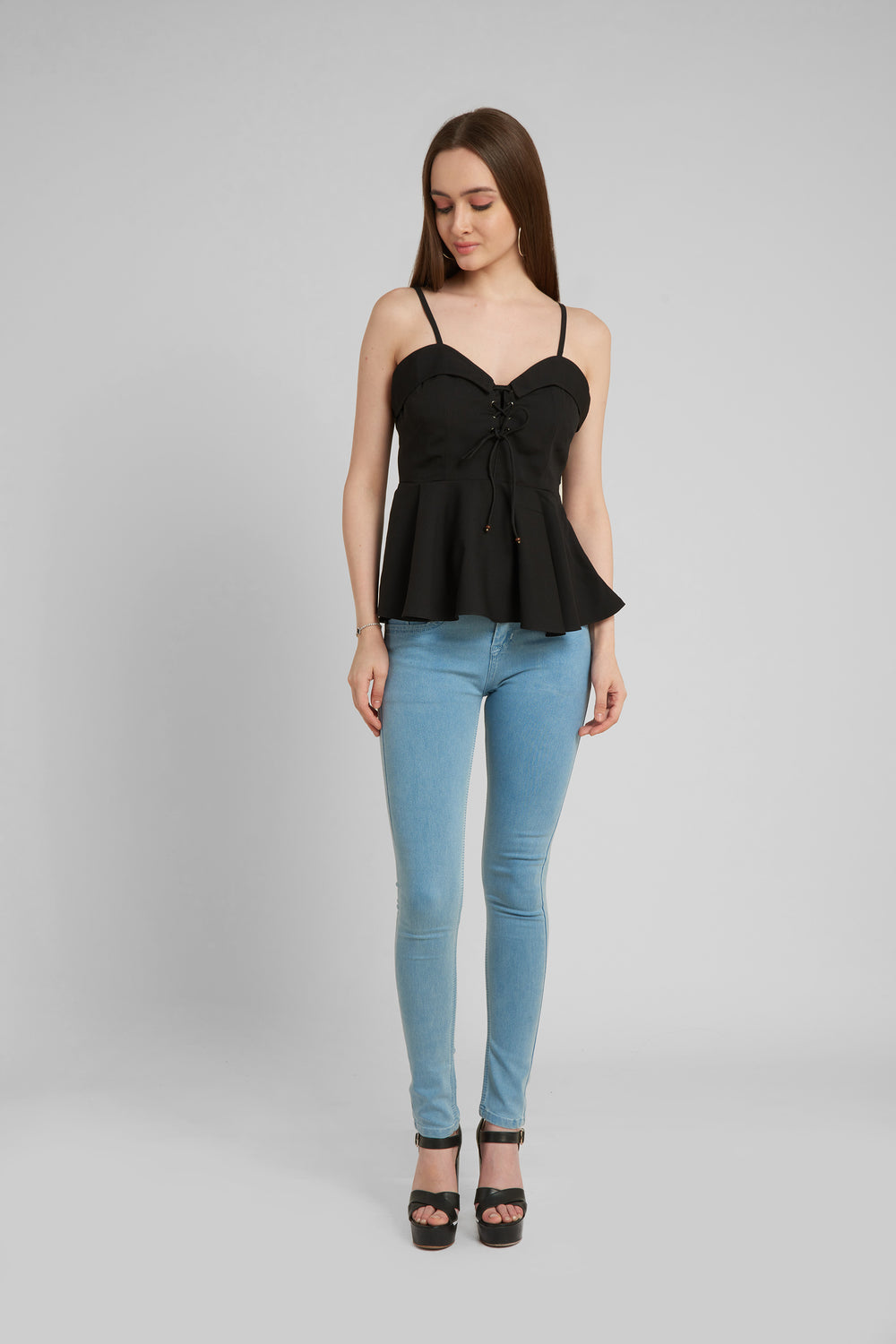 Aturabi Black Peplum Sleeveless Shoulder StrapsTop