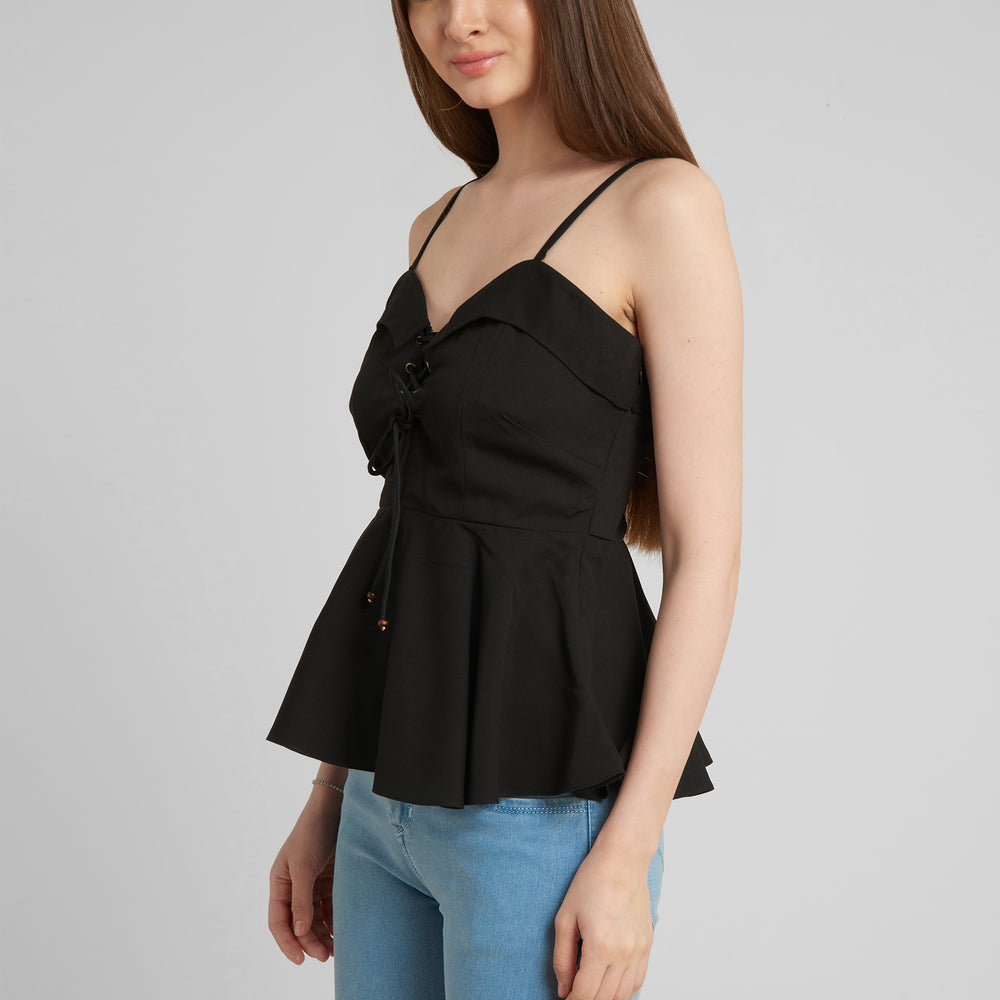 
                      
                        Aturabi Black Peplum Sleeveless Shoulder StrapsTop
                      
                    