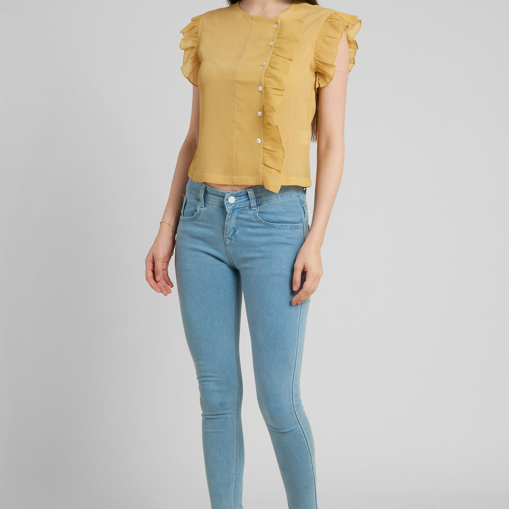 Aturabi Women Yellow Ruffles Shirt Style Crop Top