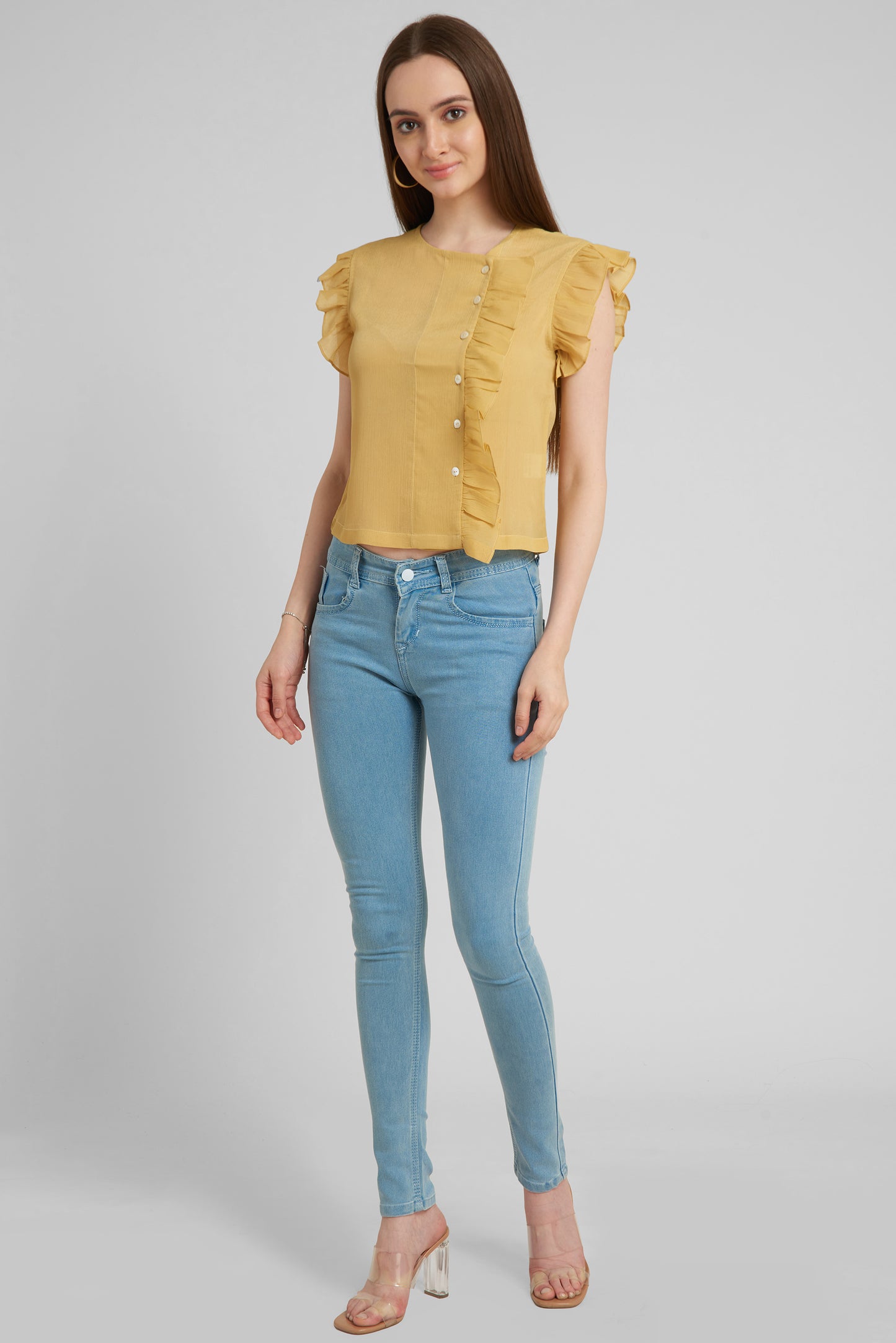 Aturabi Women Yellow Ruffles Shirt Style Crop Top