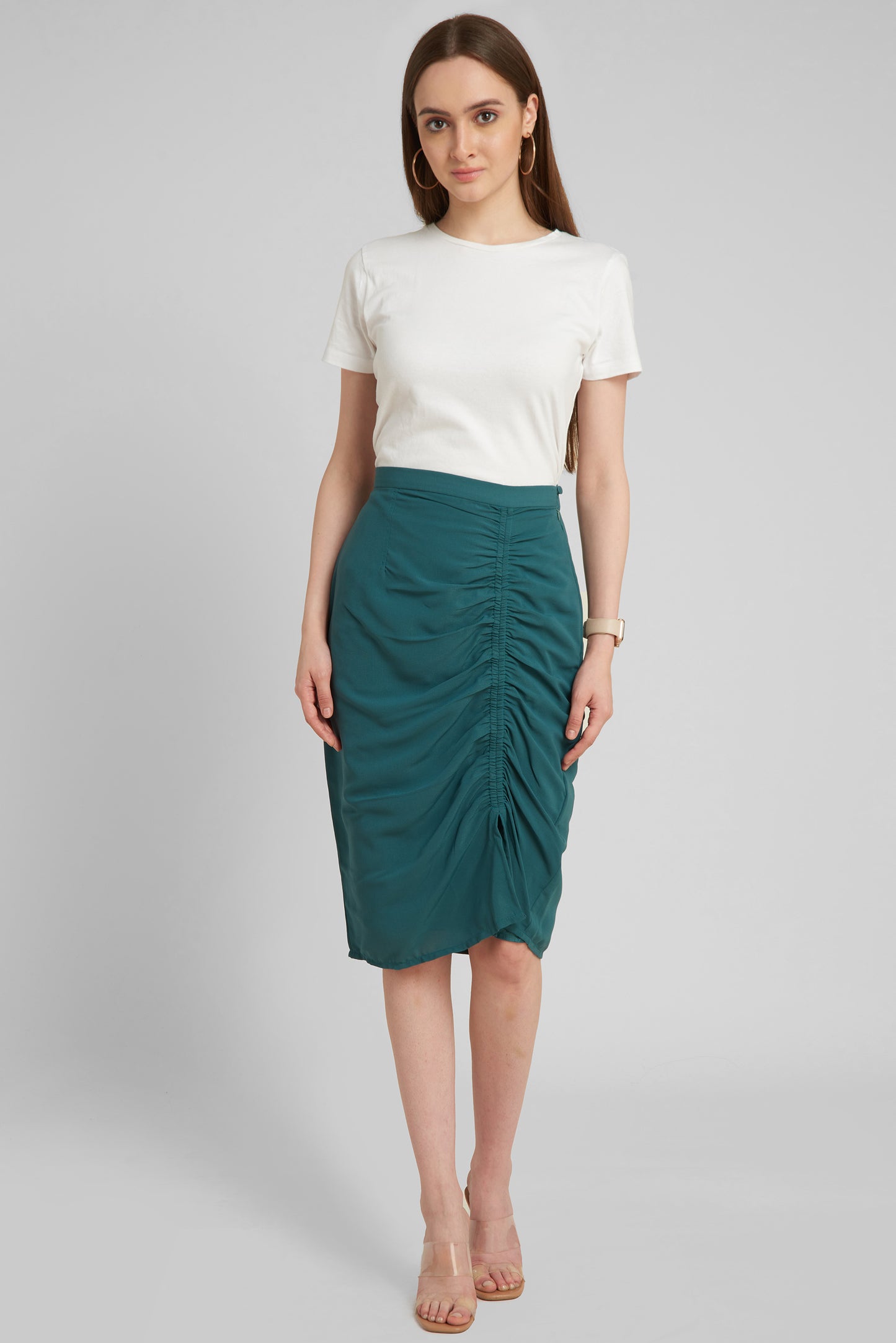 Women's Green Solid Knee Length A-Line Skirts