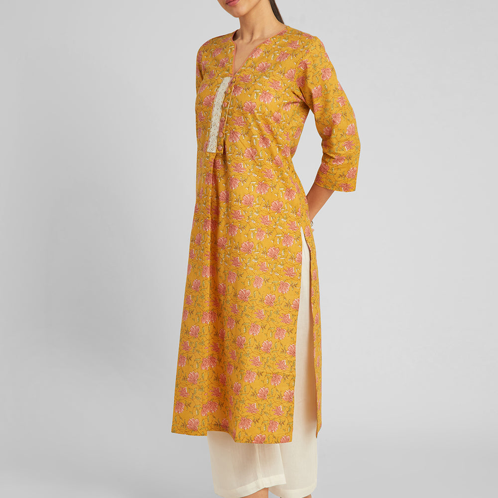 
                      
                        Mustard Floral Straight Kurti
                      
                    