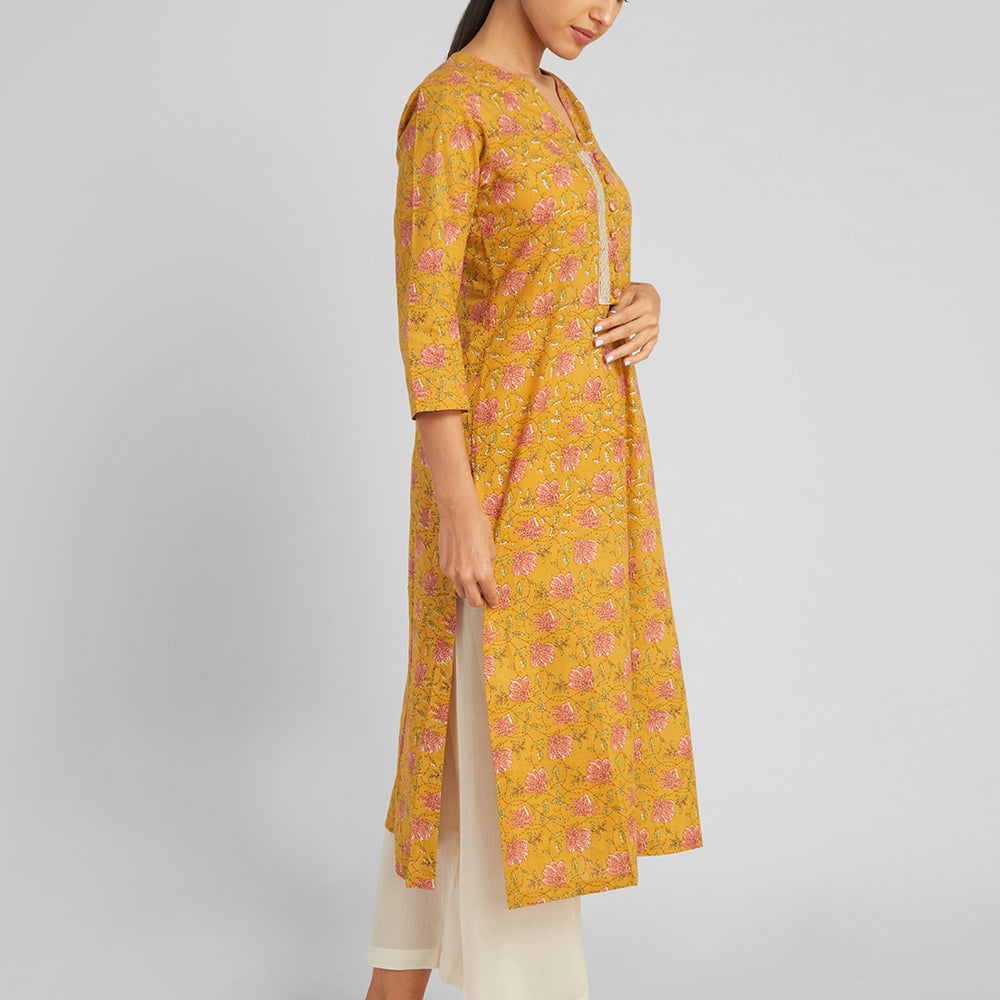 
                      
                        Mustard Floral Straight Kurti
                      
                    