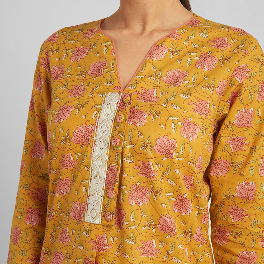 
                      
                        Mustard Floral Straight Kurti
                      
                    