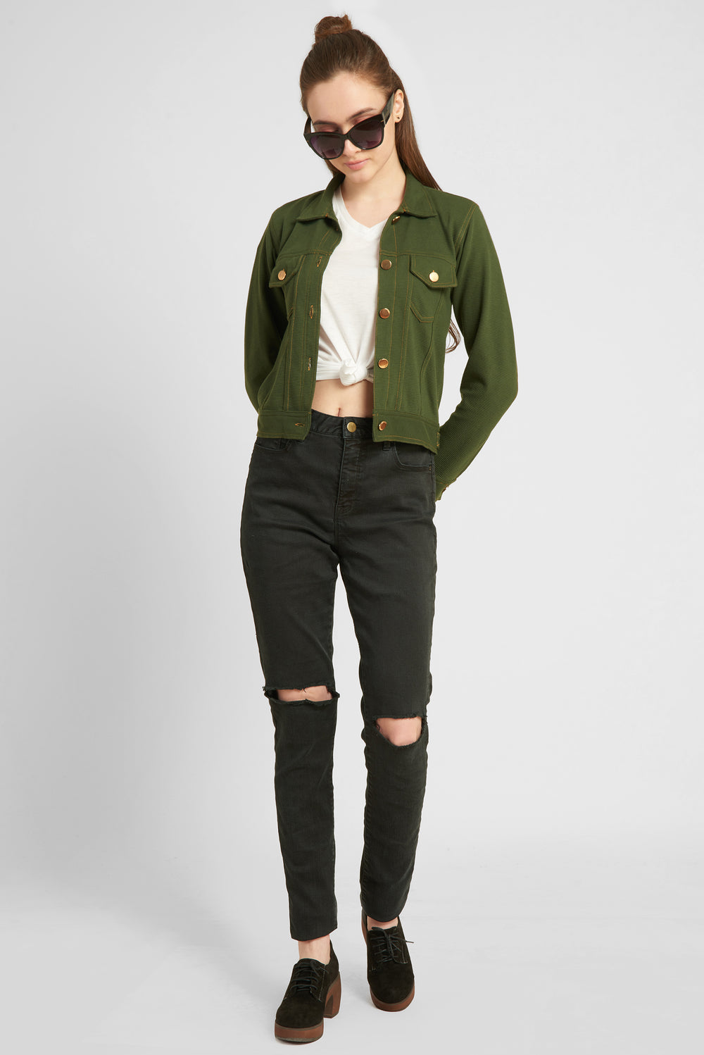 Women Olive Green Tailored Jacket with Patchwork