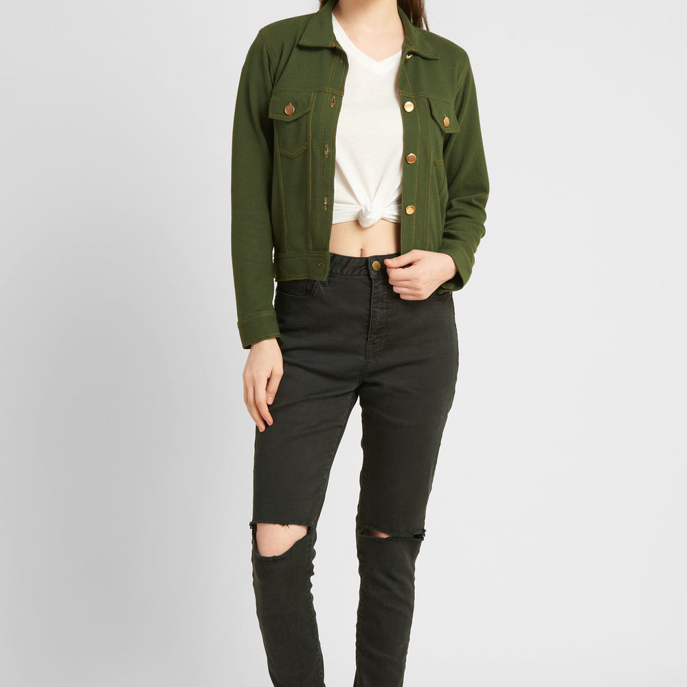 
                      
                        Women Olive Green Tailored Jacket with Patchwork
                      
                    