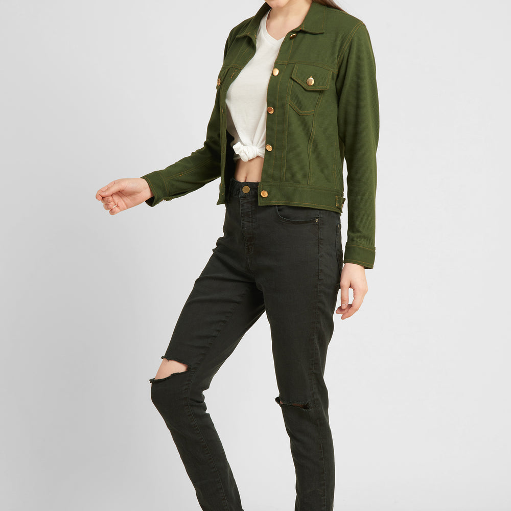 
                      
                        Women Olive Green Tailored Jacket with Patchwork
                      
                    