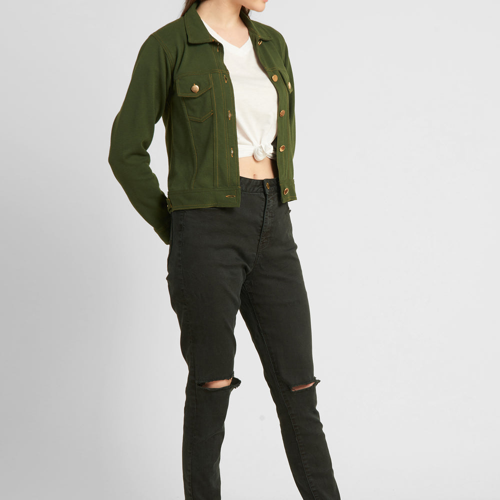 
                      
                        Women Olive Green Tailored Jacket with Patchwork
                      
                    