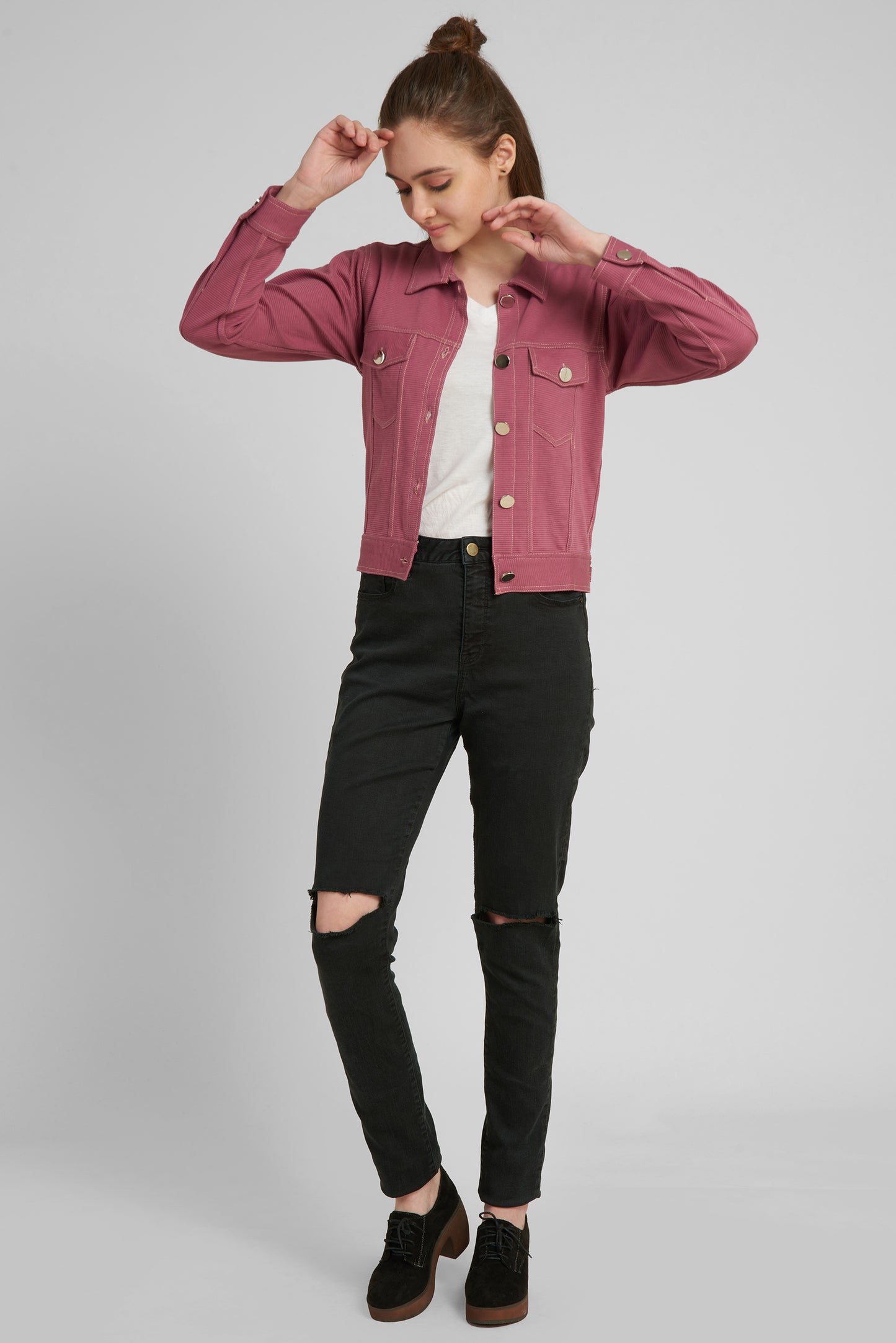 Women Pink  Denim Jacket with Embroidered