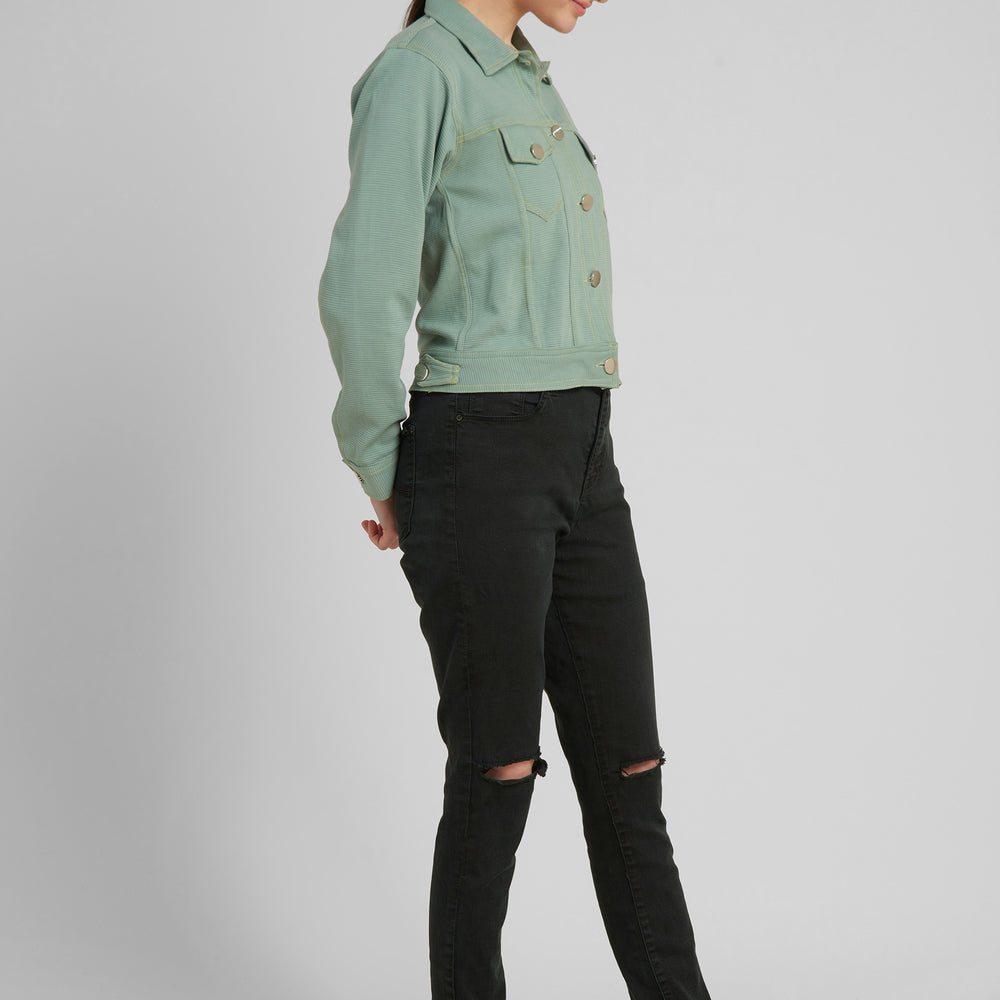 
                      
                        Women Green Denim Jacket
                      
                    