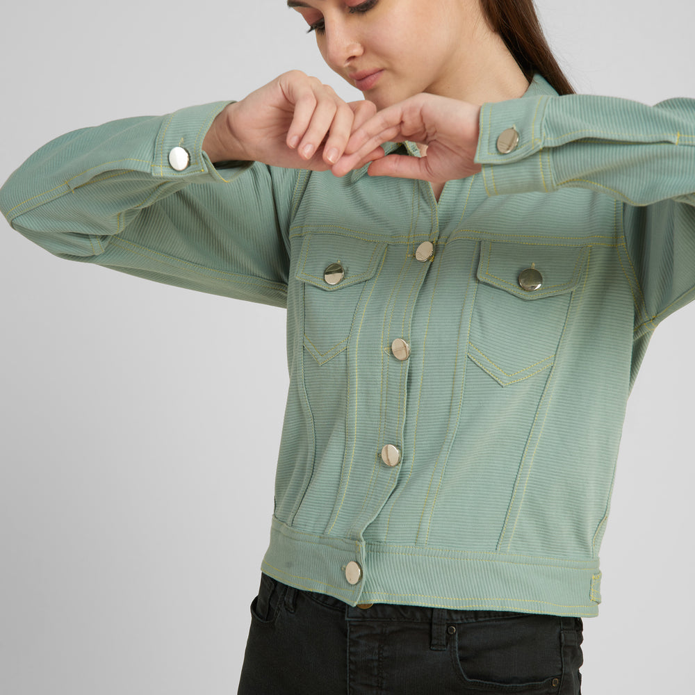 
                      
                        Women Green Denim Jacket
                      
                    