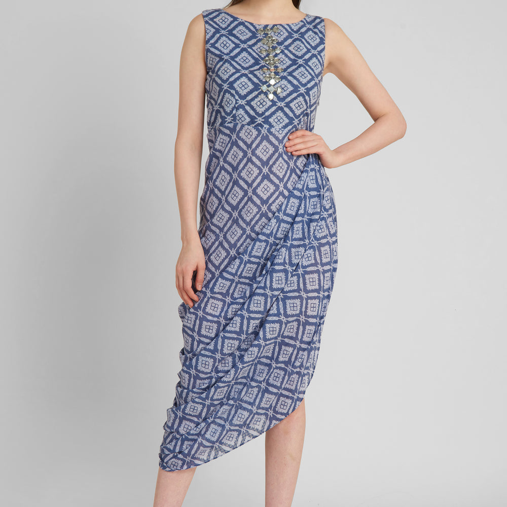 Blue Sheath Printed asymmetric hemline Midi Dress