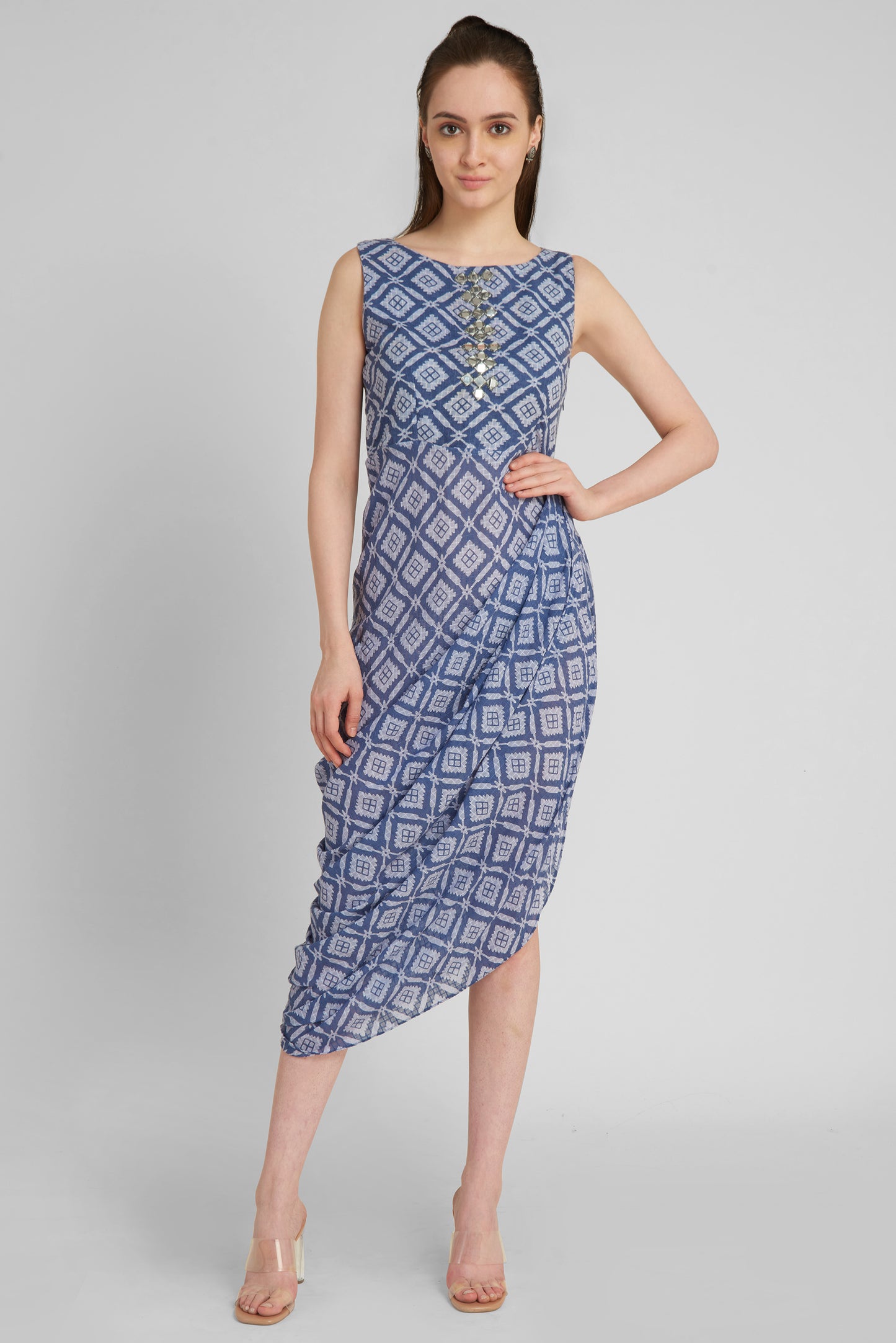 Blue Sheath Printed asymmetric hemline Midi Dress