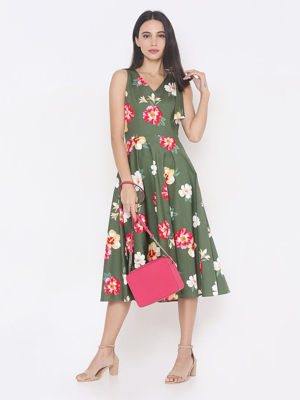 Green Printed Sleeveless Dress